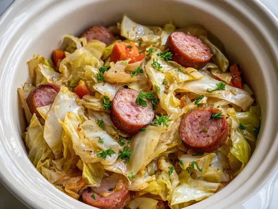 Slow cooker crock filled with wedges of cooked cabbage and sliced smoked sausage
