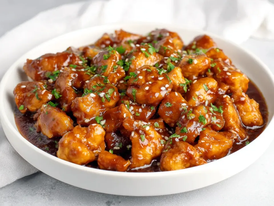 Bite-sized chicken chunks in a thick dark sticky glaze in a shallow white bowl, scattered with sesame seeds and chopped herbs