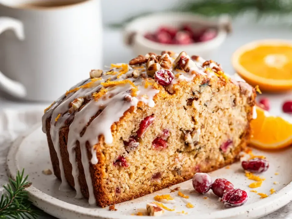 A glazed cranberry quick bread loaf with a golden crust and cranberries in the crumb, drizzled with white icing and topped with chopped pecans and orange zest