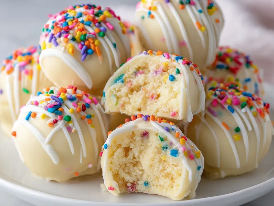 White chocolate coated truffles topped with coloured sprinkles, one broken open to show a pale cookie centre