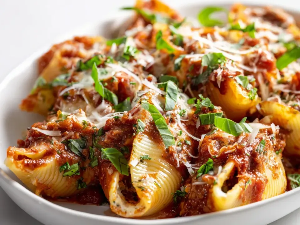 Large stuffed pasta shells in a chunky red meat sauce in a white oval dish, dusted with Parmesan and fresh basil