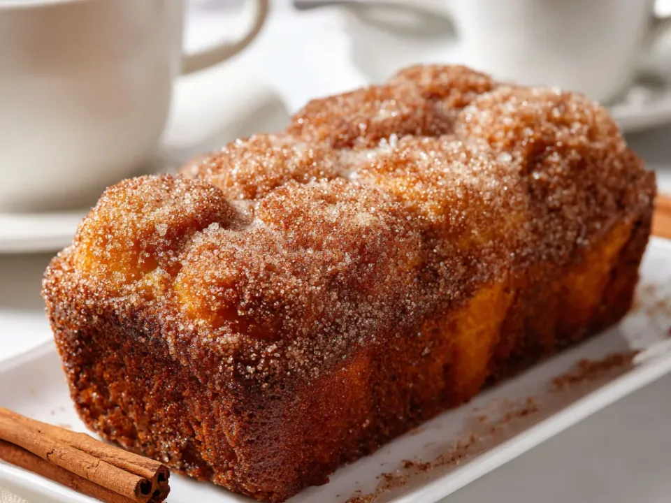 Sliced apple cider donut loaf coated in cinnamon sugar