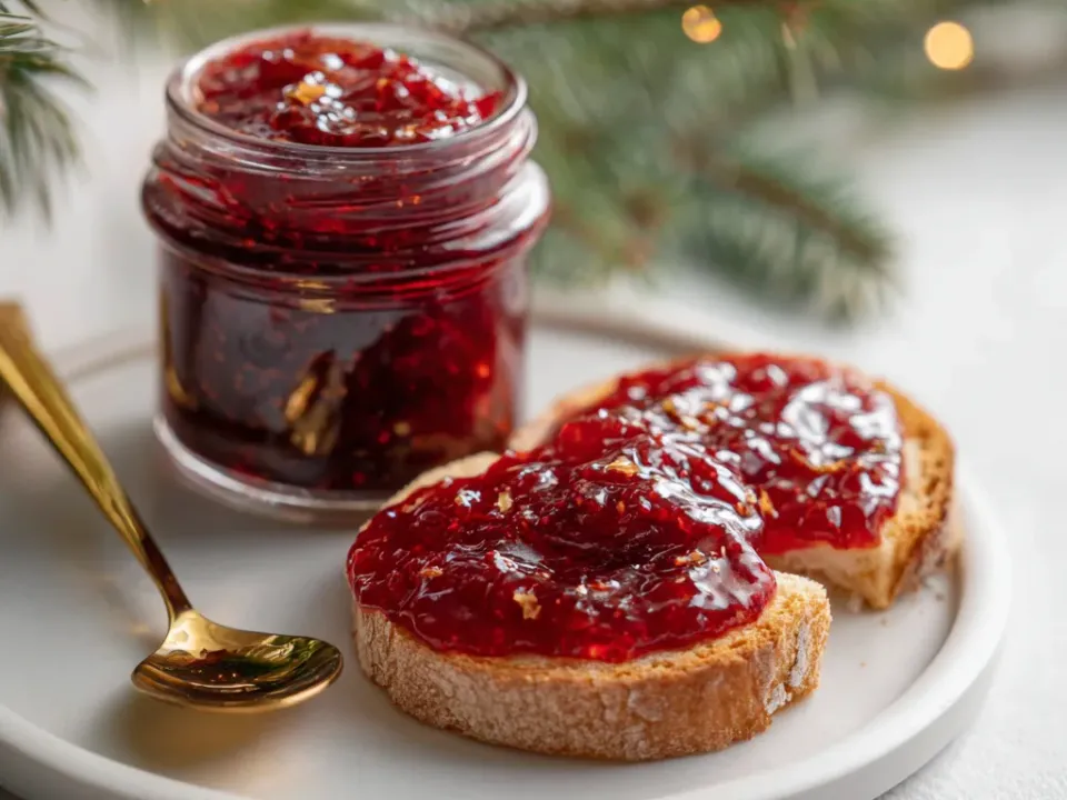 Jars of red Christmas jam with cranberries and strawberries
