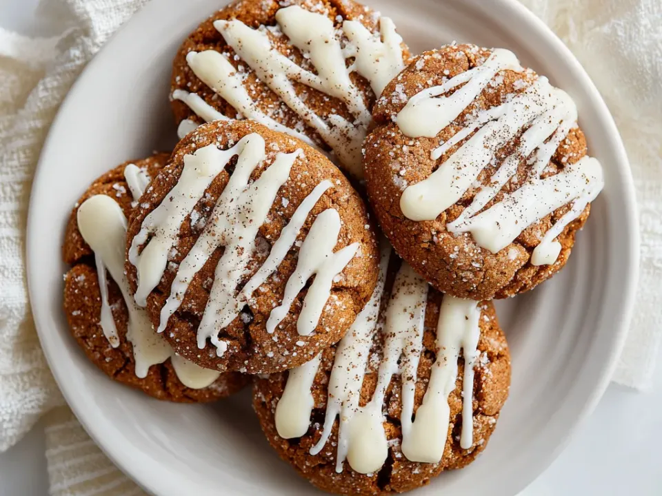 Dark gingerbread cookies rolled in sugar with a pale cheesecake filling in the centre well, drizzled with white chocolate