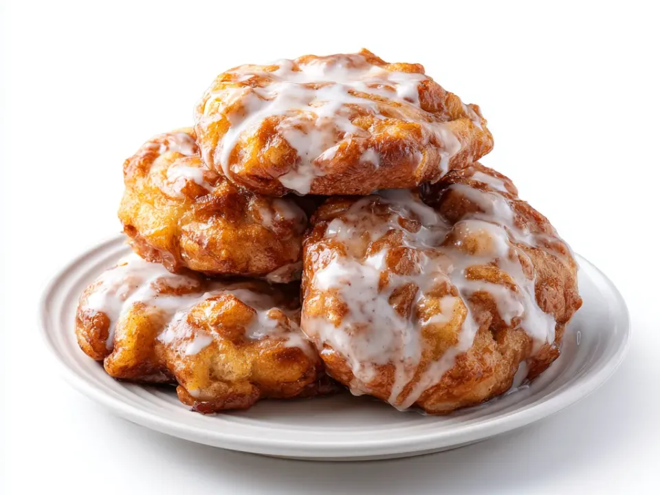 Stack of golden baked apple fritters on a white plate under a drizzled white glaze