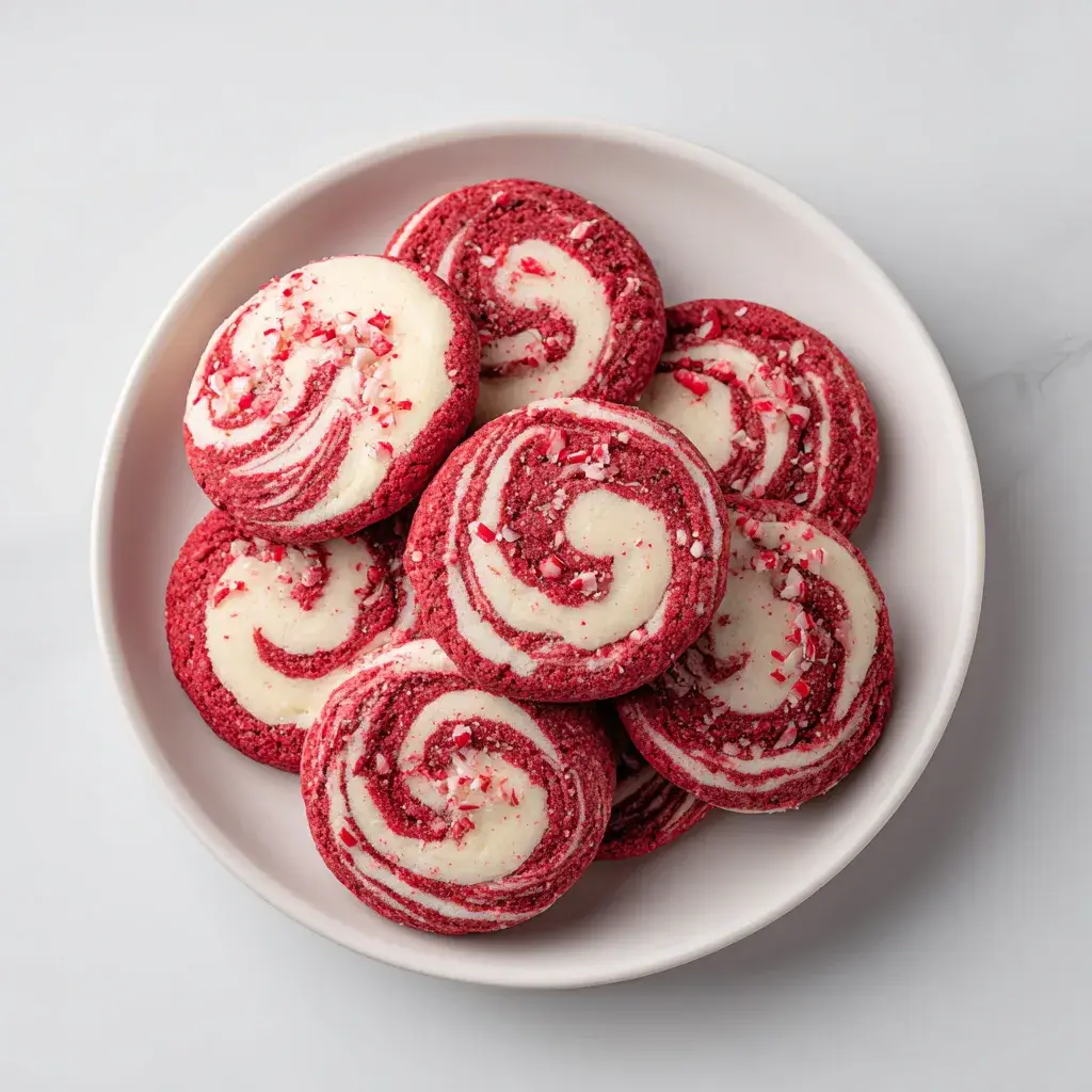 Red and white peppermint swirl cookies arranged on a holiday tray with candy canes and twinkle lights.
