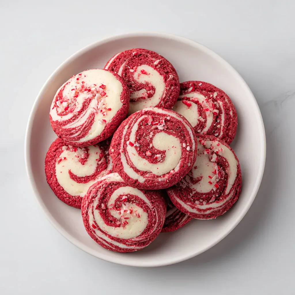 Red and white peppermint swirl cookies arranged on a holiday tray with candy canes and twinkle lights.