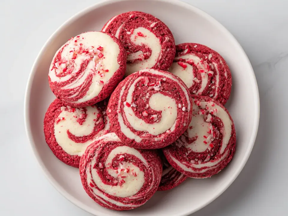 Red and white spiral cookies stacked in a shallow white bowl, scattered with crushed candy cane pieces