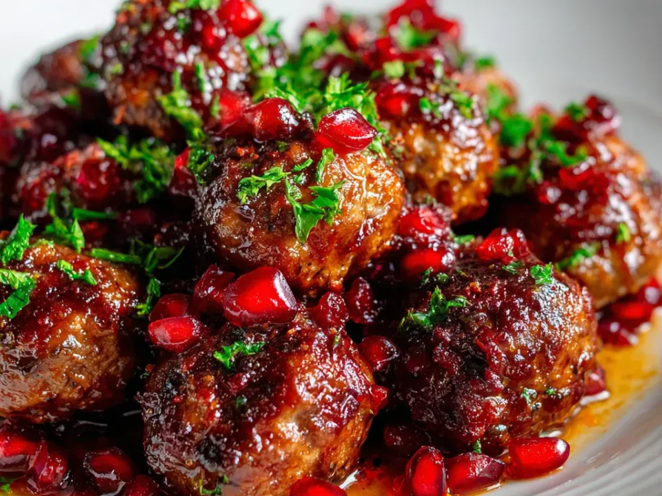 Crockpot cranberry meatballs in a glossy dark red glaze with chopped parsley