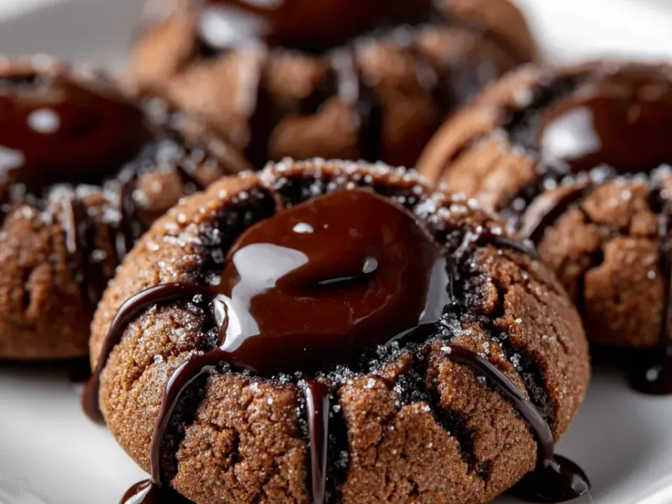 Round chocolate cookies with a crackled sugar crust, each with a thumbprint centre of glossy chocolate ganache dripping down the side, on a white plate