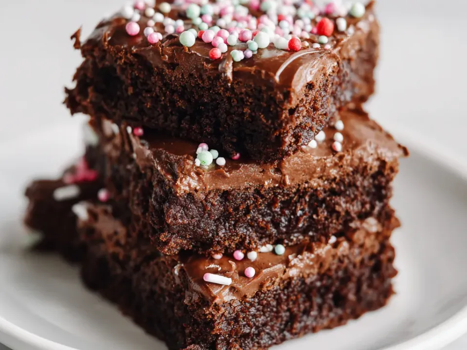 Three stacked chocolate brownie squares topped with a thick layer of chocolate frosting and pastel and red sprinkles, on a white plate