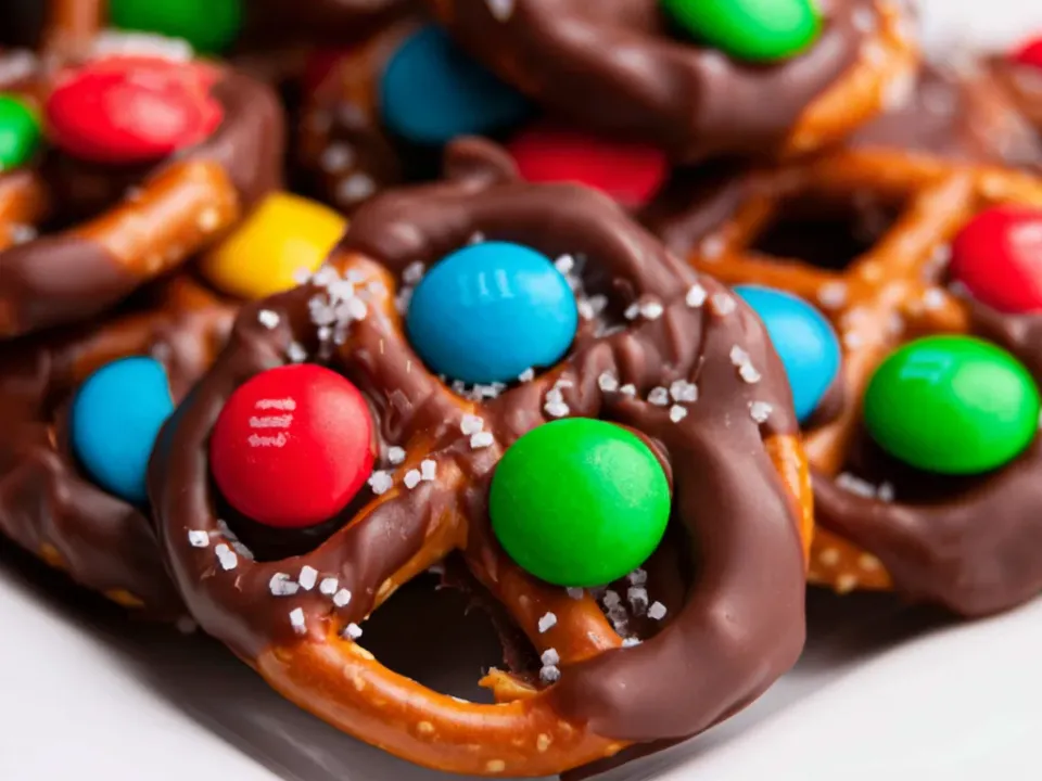 Mini pretzel twists topped with spread chocolate caramel, each with a coloured candy pressed into the centre and flaky salt scattered over, on a white plate