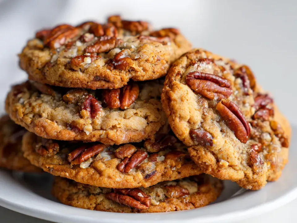 Thumbprint cookies filled with glossy pecan pie filling on a wire rack