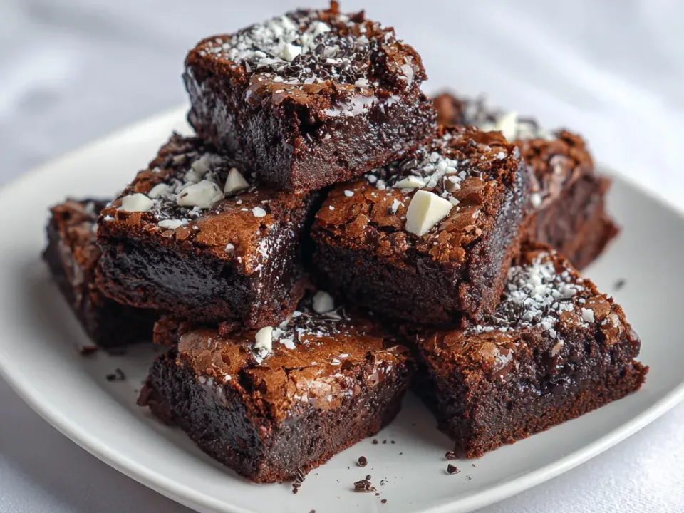 Peppermint brownies topped with crushed candy canes and chocolate drizzle