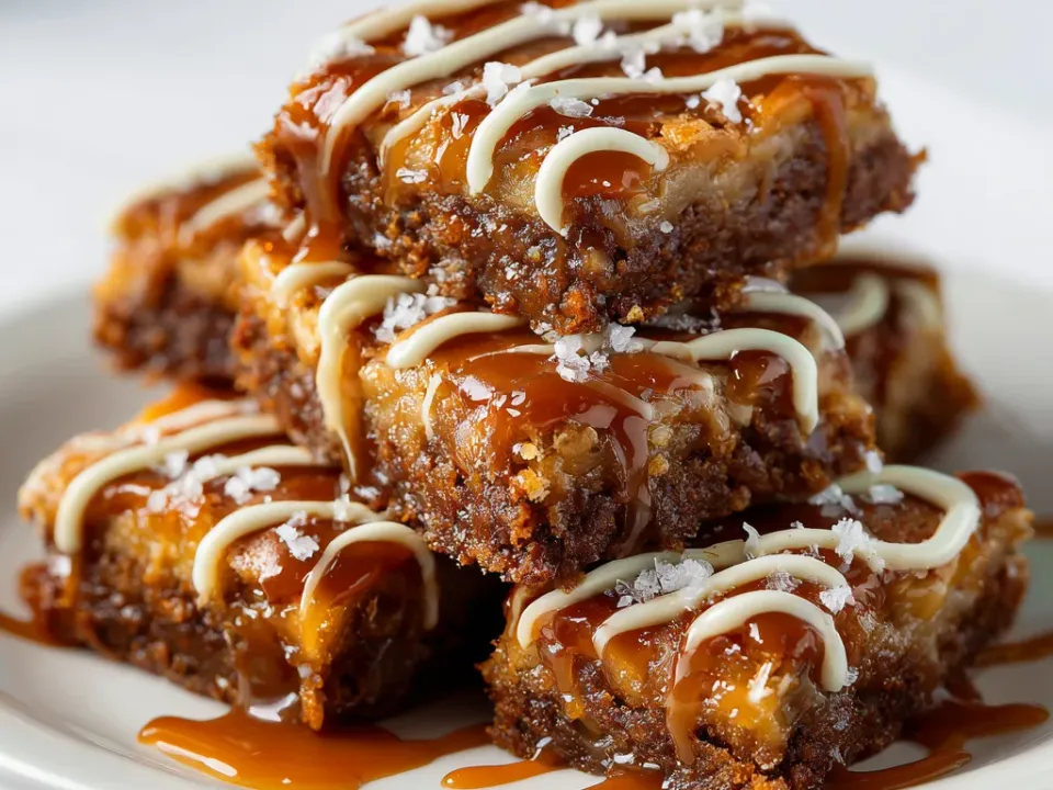 Salted caramel apple bars cut into squares with oat crumble topping