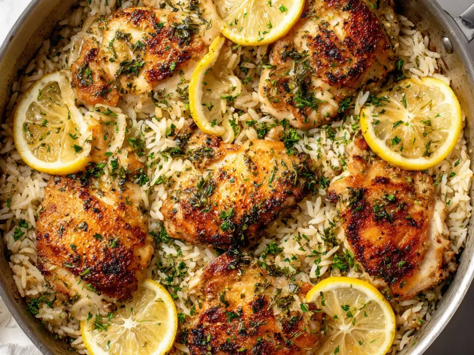 Seared golden chicken thighs nestled into herb-flecked white rice in a metal skillet, topped with lemon slices and chopped parsley