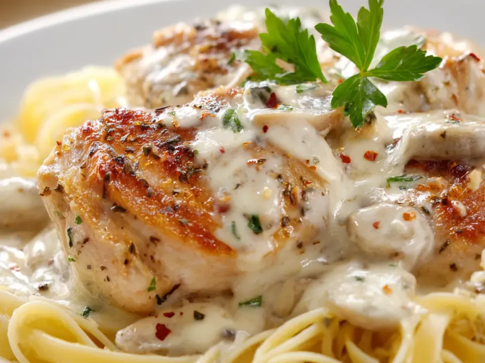 Chicken in a creamy mushroom sauce served over pasta in a white bowl, with parsley on top
