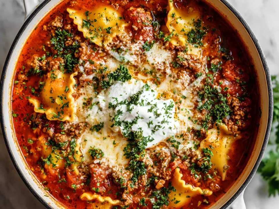 Bowl of lasagna soup with broken noodles, a ricotta dollop and fresh basil