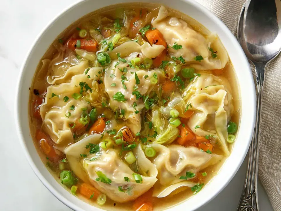 A white bowl of clear golden broth holding folded pleated dumplings with translucent wrappers, sliced orange carrot, shredded pale cabbage, sliced green onion, chopped herb and scattered red chilli flakes