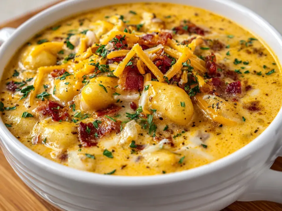 Bowl of creamy bacon cheddar gnocchi soup topped with bacon and chives