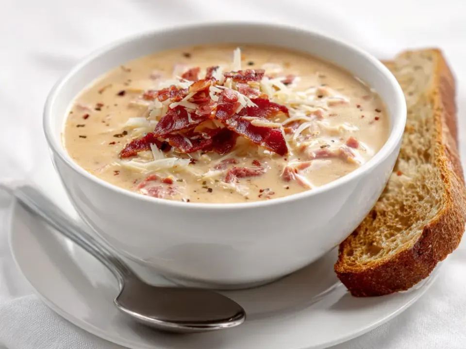 A thick creamy pale-orange soup with diced pink corned beef through it, shredded Swiss and crisp meat strips on top, with a slice of toasted rye bread beside