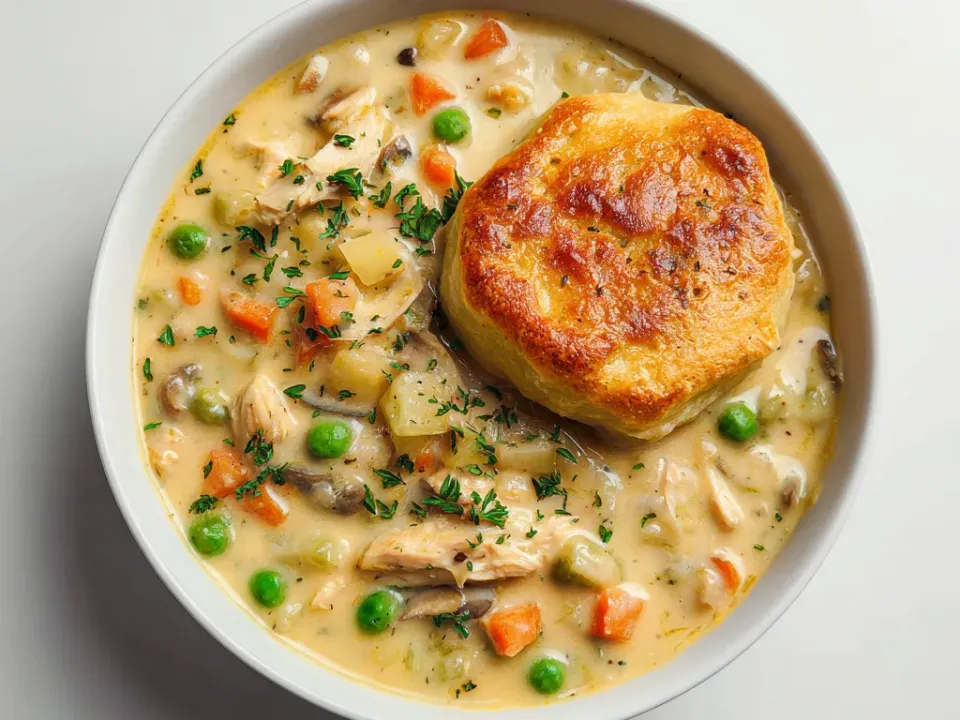 Creamy chicken pot pie soup with carrots, peas and a puff pastry square