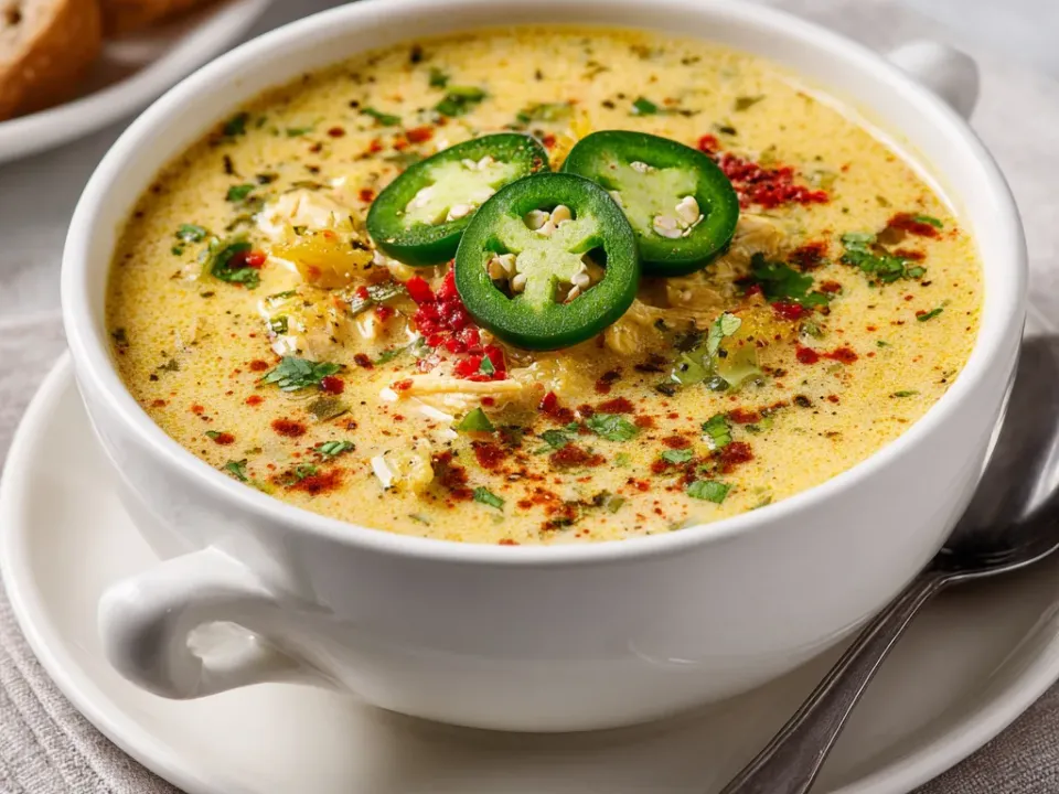 Bowl of creamy jalapeño popper chicken soup topped with bacon and sliced jalapeño