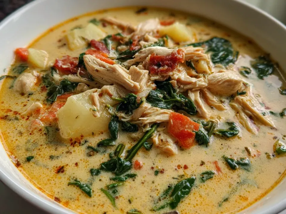 A creamy soup with shredded chicken, wilted spinach, chopped sun-dried tomato and diced potato in a bowl