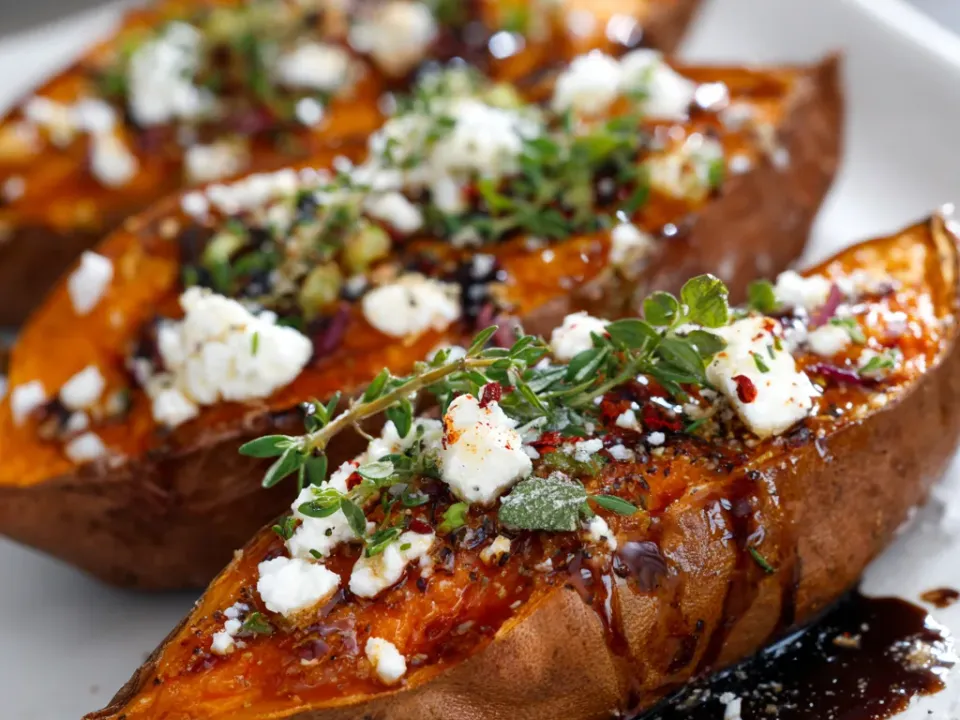Roasted sweet potato topped with crumbled feta, a honey drizzle, thyme and pumpkin seeds on a pale plate