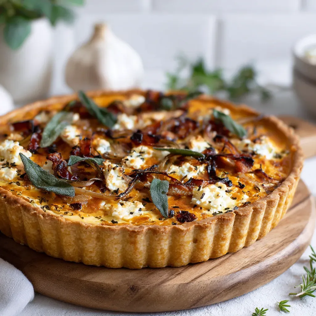 Pumpkin, Ricotta & Caramelized Onion Tart with Bacon and Sage