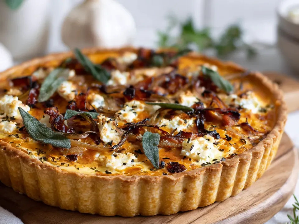 Puff pastry tart with pumpkin ricotta, caramelized onions and bacon