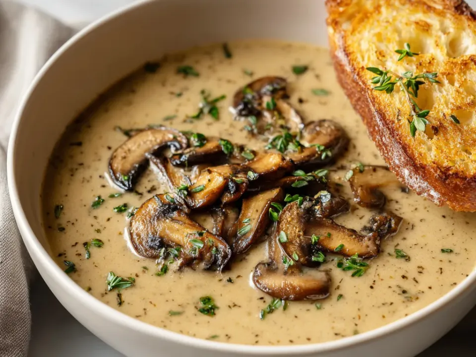 Creamy mushroom soup in a white bowl with browned sliced mushrooms and thyme, with toasted bread resting on the rim
