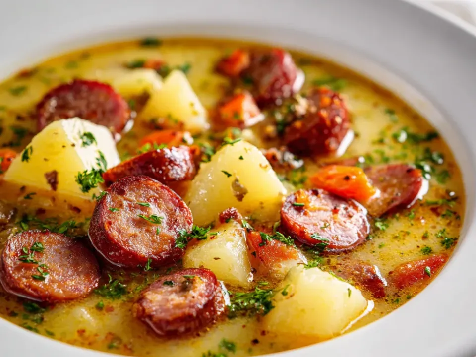 Bowl of creamy kielbasa potato soup with browned sausage and parsley