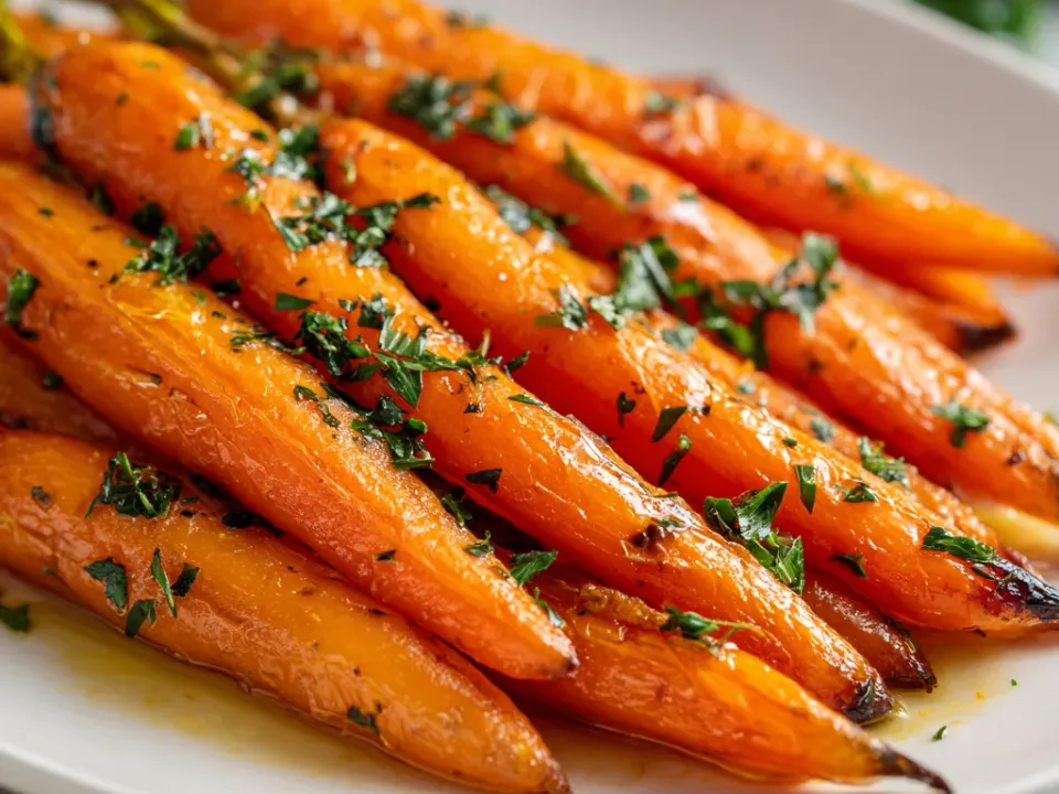 Long glazed carrots under a glossy sheen on a white oval plate, scattered with finely chopped green herbs