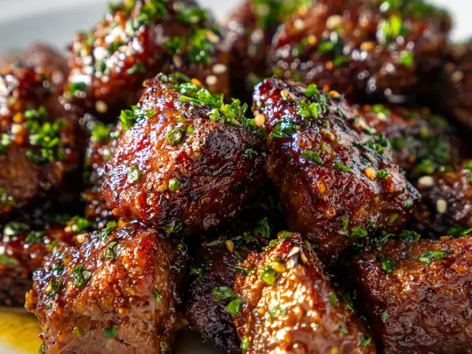 Seared cubes of steak with a dark crust, glossed in garlic butter and scattered with chopped parsley