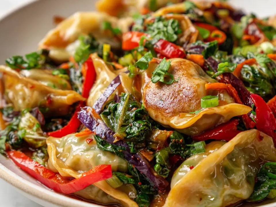 Browned potstickers tossed with red pepper, cabbage and snap peas in a glossy sauce