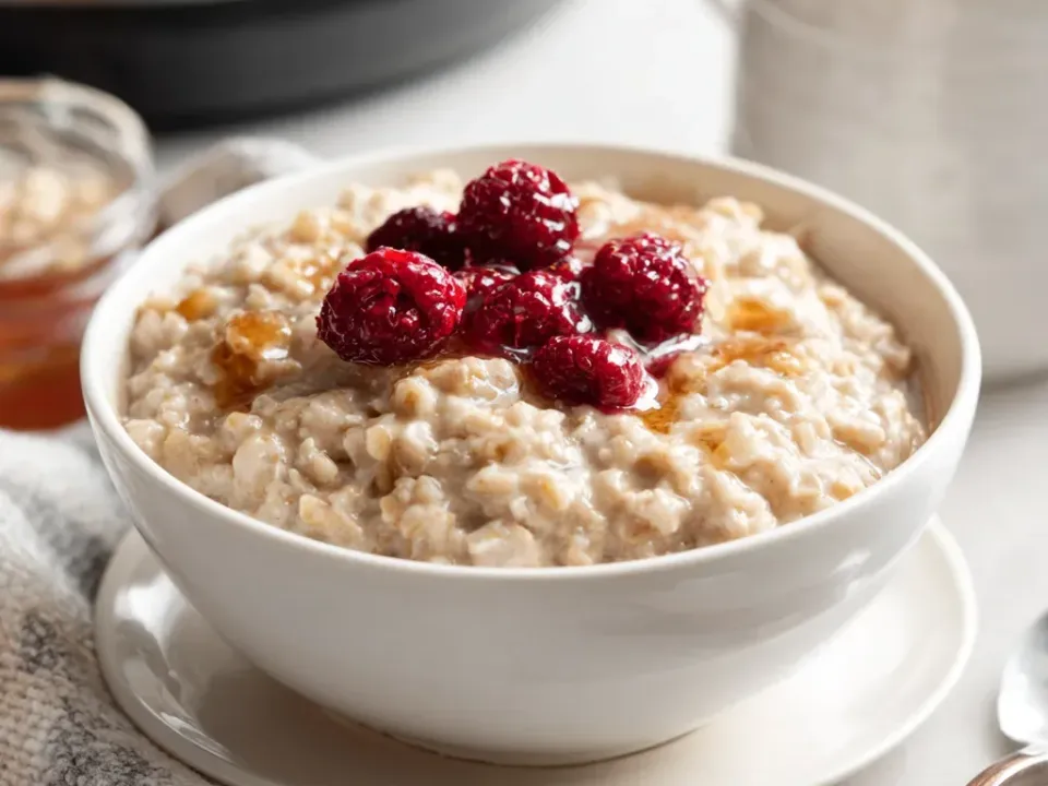 A white bowl of thick creamy oatmeal with visible whole rolled oats, topped with glossy dark red raspberries in syrup and drizzled with amber honey