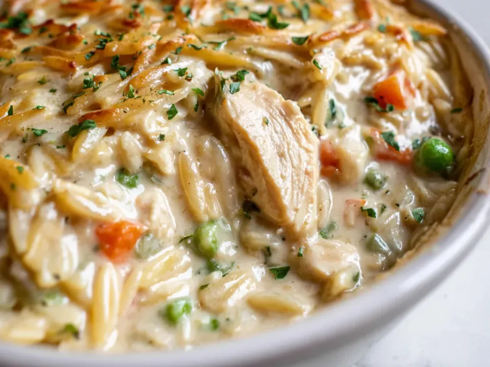 Dish of creamy chicken pot pie orzo with peas, carrots and a golden crumb topping
