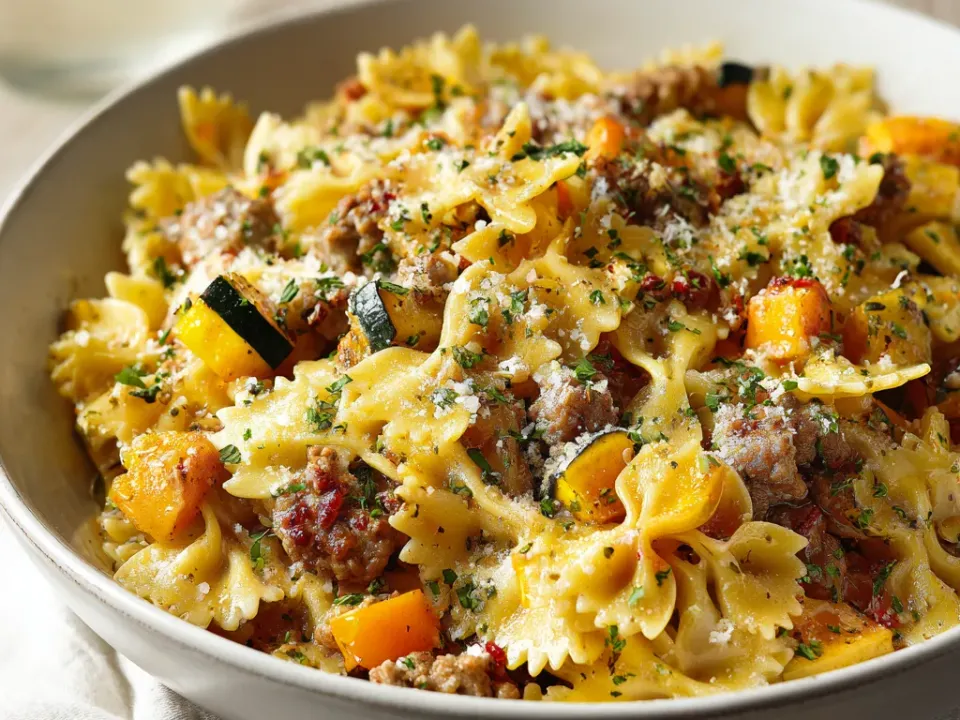 Farfalle with Italian sausage, butternut squash and sage in a skillet
