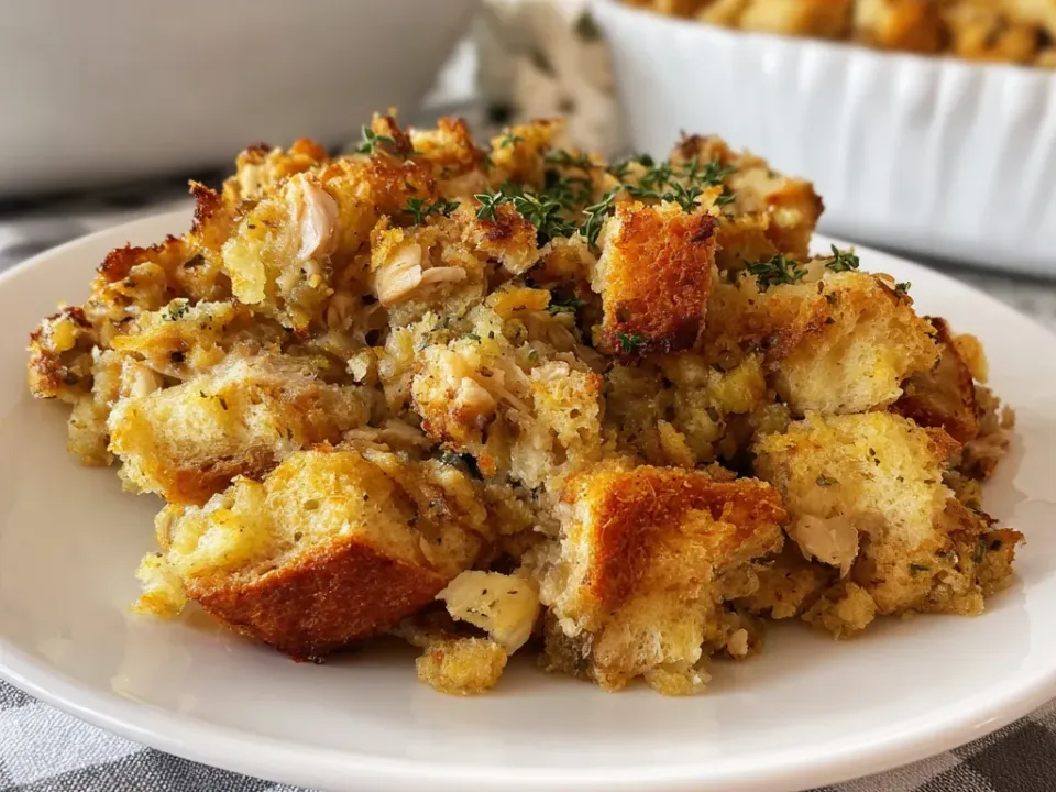 Creamy crock pot chicken and stuffing topped with chopped fresh parsley