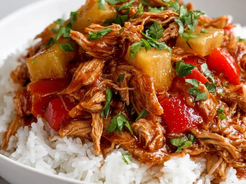 Shredded chicken in a glossy sauce with pineapple chunks and red bell pepper, served over white rice