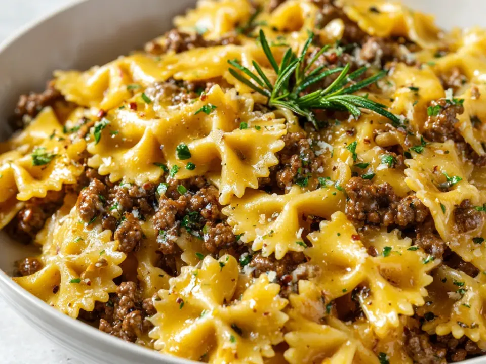 Bowtie pasta tossed with browned ground beef in a glossy butter sauce, scattered with parsley
