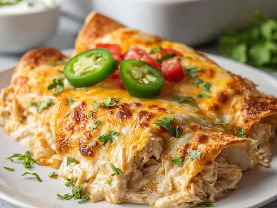 Queso chicken enchiladas in a baking dish topped with melted cheese and cilantro