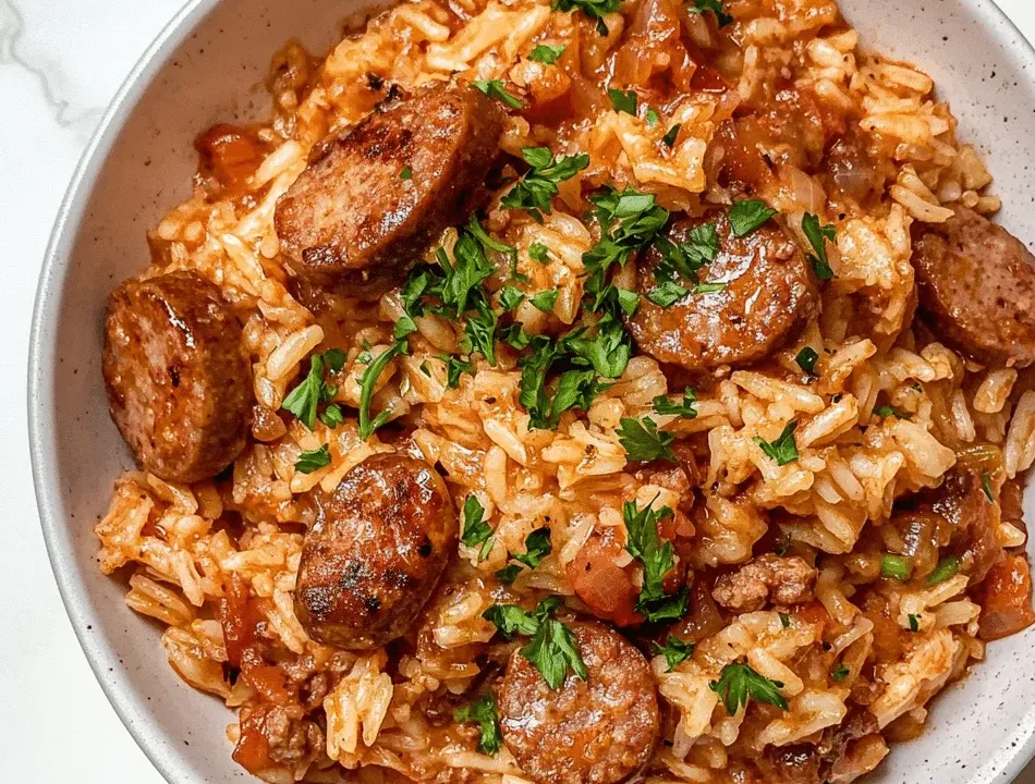 Browned smoked sausage coins through tomato-tinted rice with melted cheddar and chopped parsley