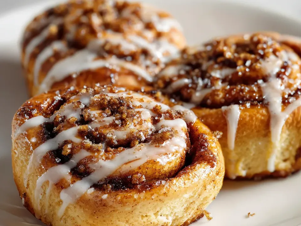 Cinnamon rolls with visible spirals and cinnamon-sugar filling on a white plate, drizzled with white glaze