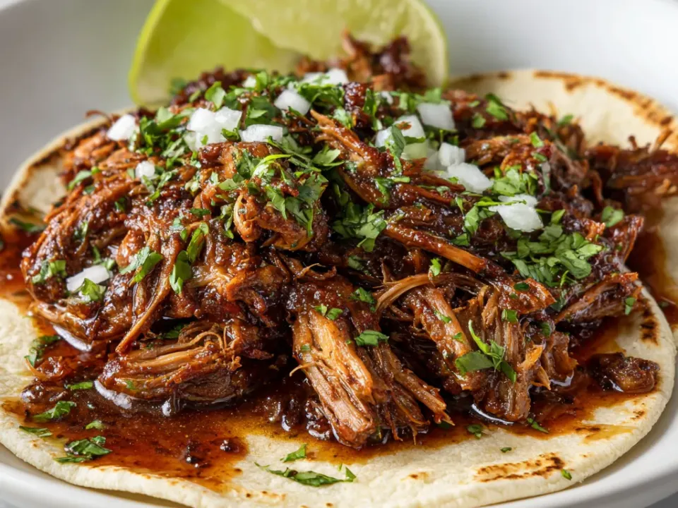 Crisp-edged shredded pork piled on soft tortillas with diced onion, coriander and lime wedges