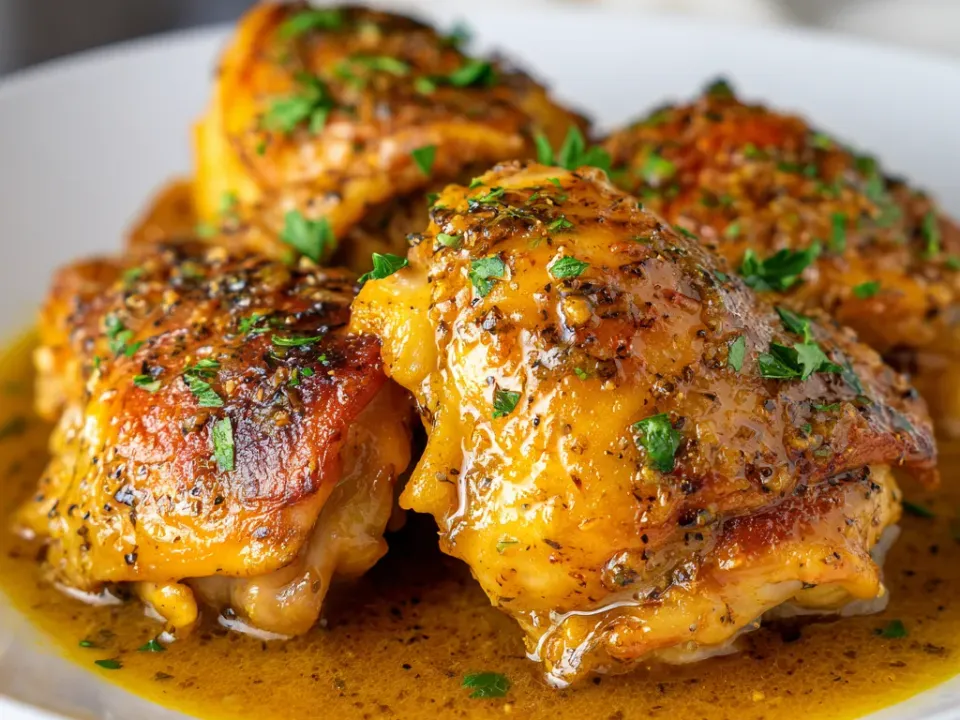 Slow cooker honey mustard chicken thighs in a glossy golden sauce with parsley