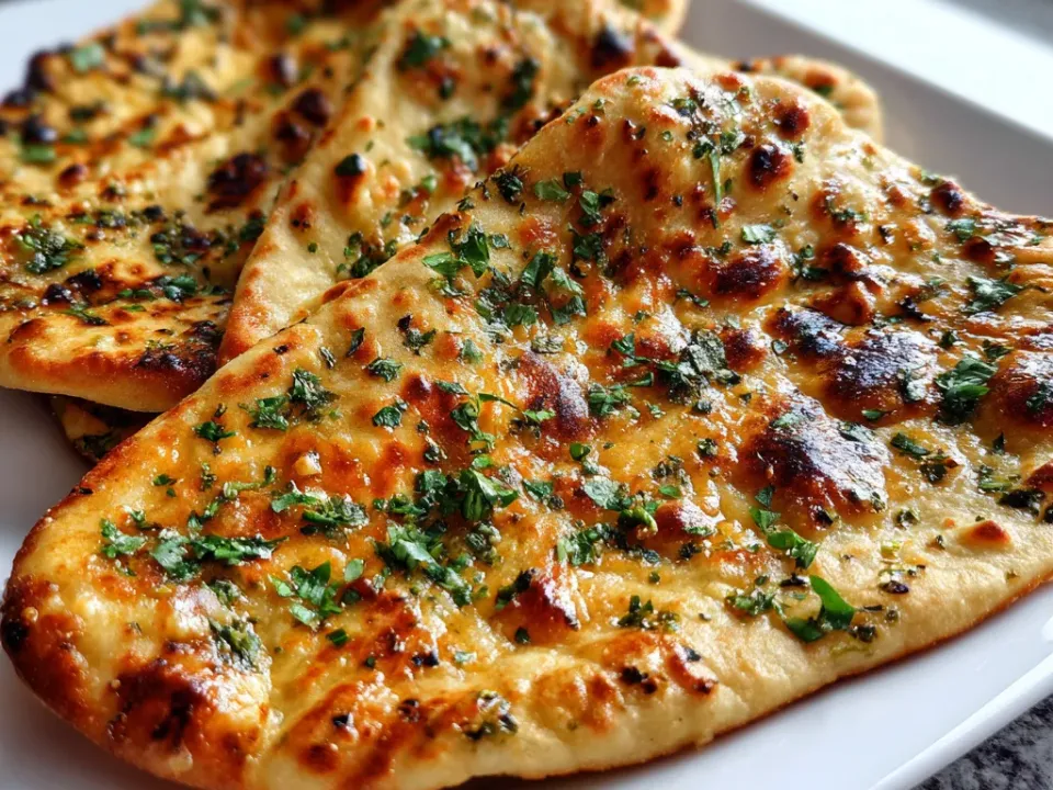 Golden blistered gluten free naan brushed with ghee and scattered with chopped coriander on a white plate