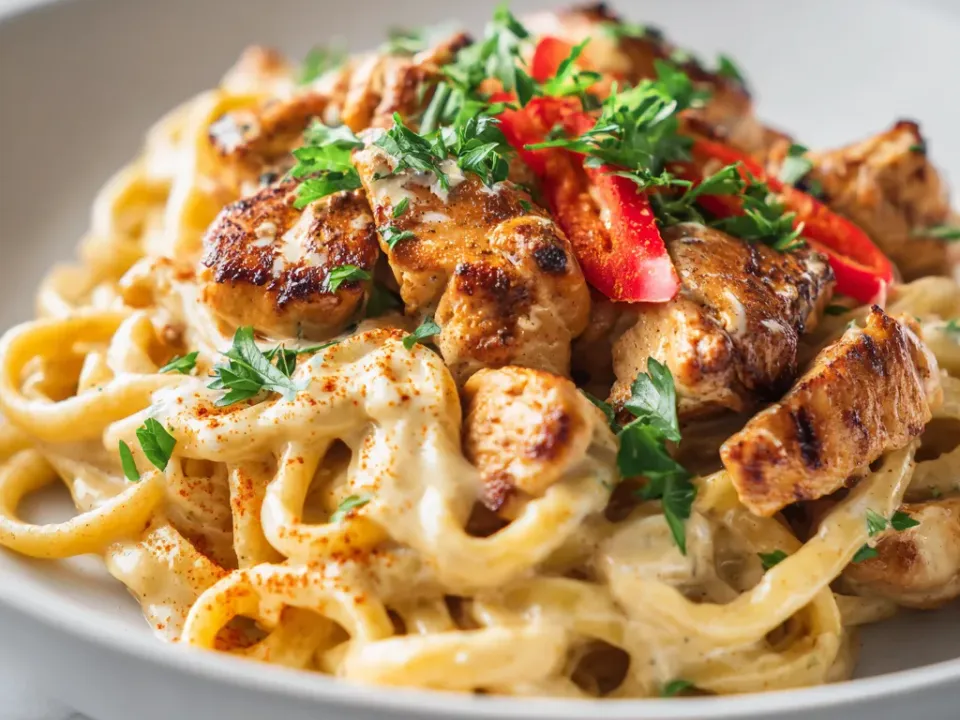 Fettuccine coated in a pale cream sauce with seared seasoned chicken pieces, red bell pepper strips, chopped parsley and a dusting of paprika, in a white bowl