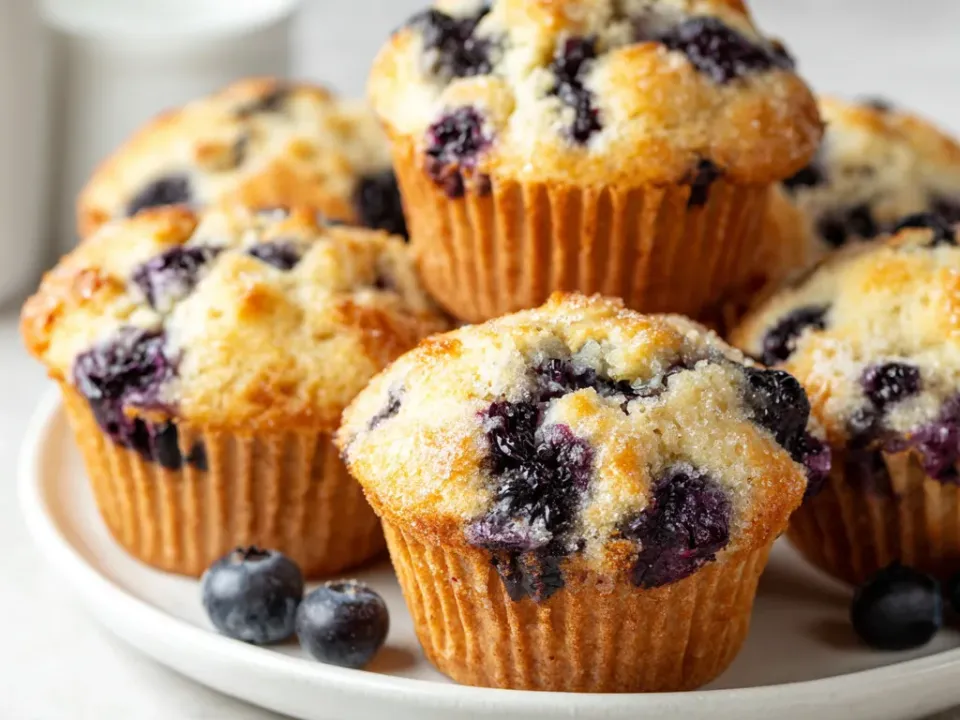 Golden gluten-free blueberry muffins in paper liners under a coarse sugar crust on a white plate, with loose blueberries alongside